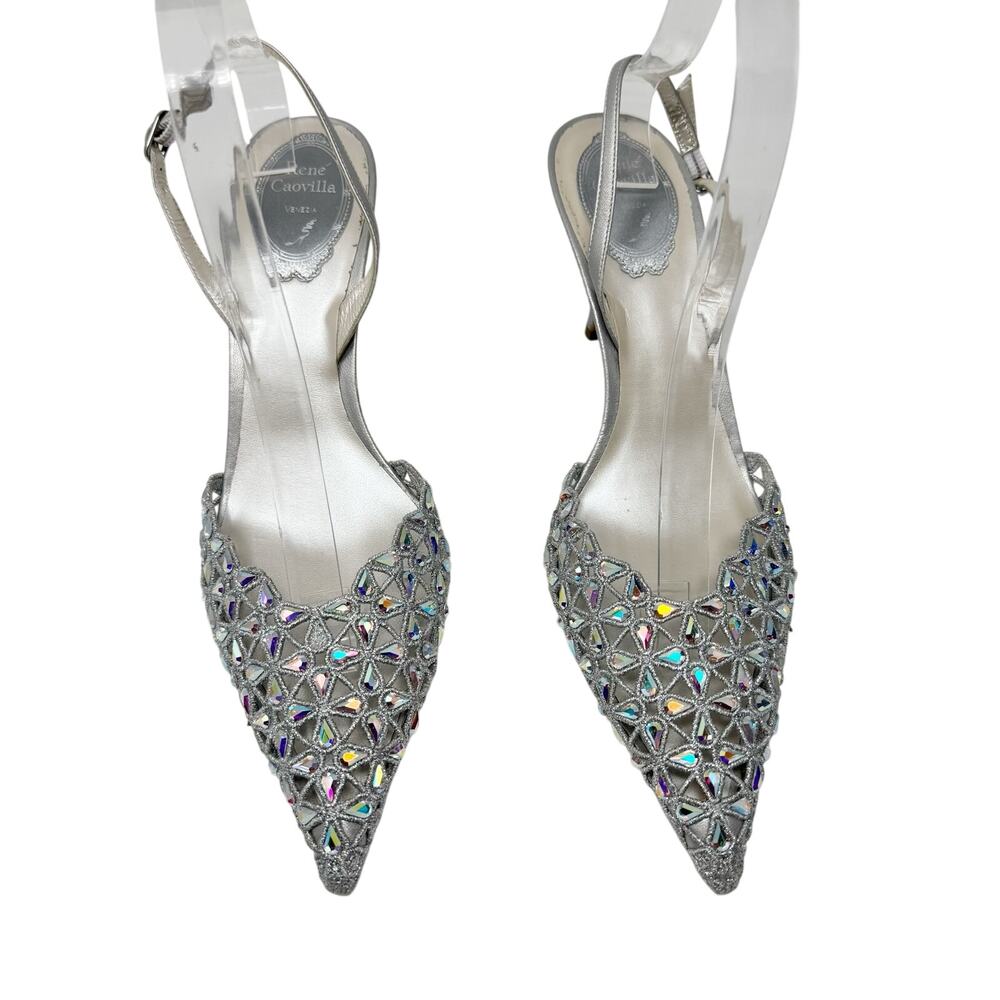 Rene Caovilla Crystal Embellished Slingback Pump Mule Heel Silver Grey 38.5 - Picture 2 of 12